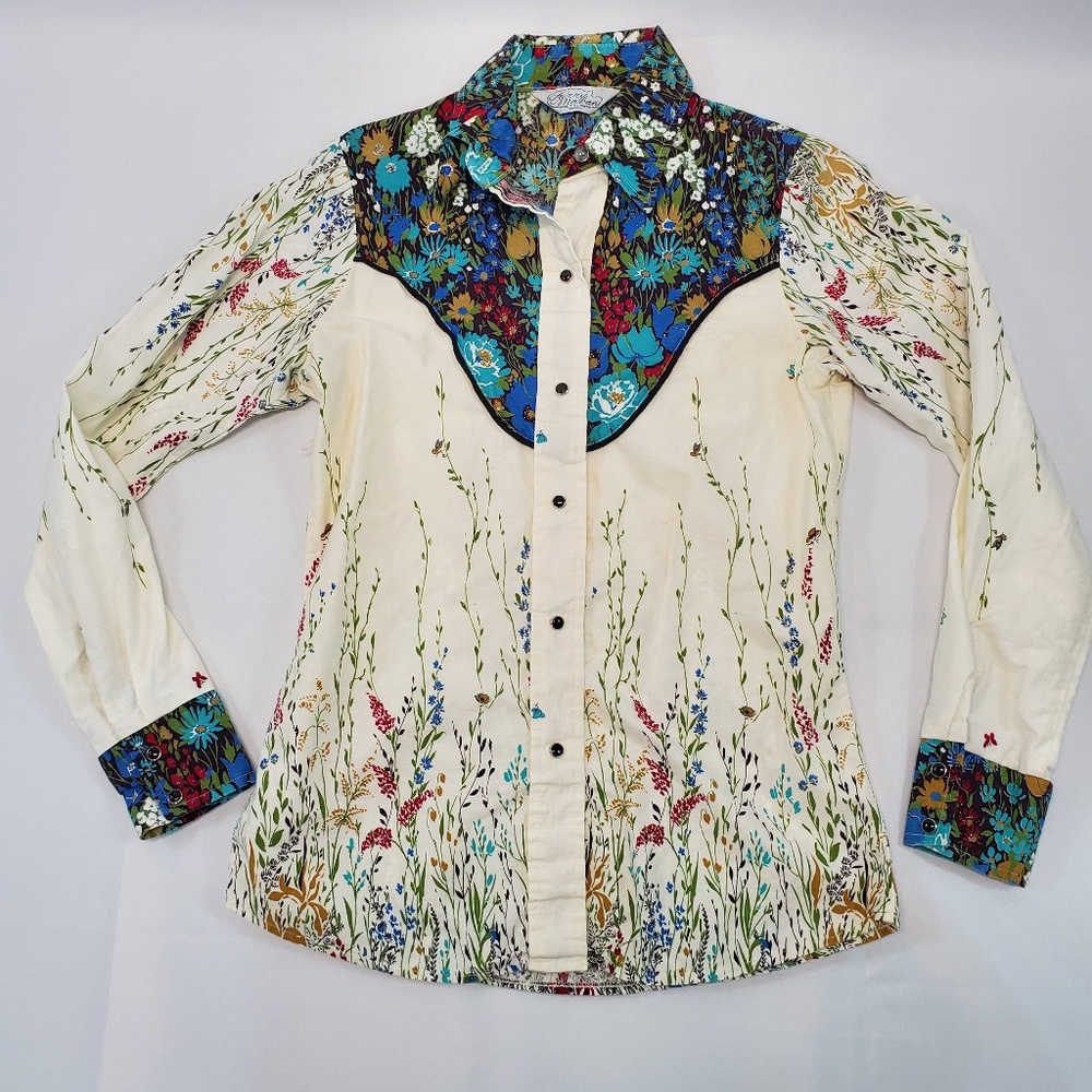 VINTAGE 70s Larry Mahan Floral Yoke Western Shirt Blouse Pearl Snaps!
